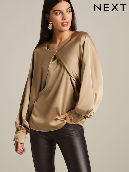 Светло-бежевый - Pleat Front Long Sleeve Blouse (D67939) | €7