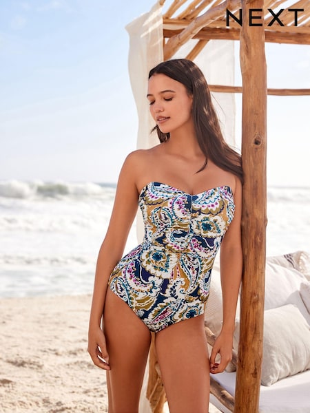 Purple Paisley Tummy Control Ruched Bandeau Swimsuit (D68732) | €14