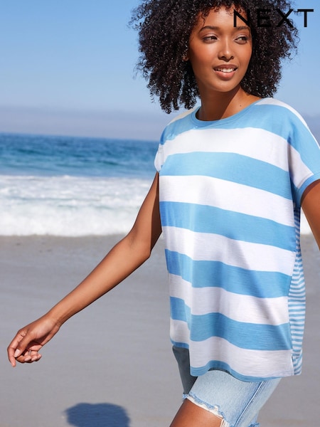 Chambray-Blau/Streifen - Leinen Look Sub Jersey Flügelärmel mit Rundhalsausschnitt 100% Baumwolle T-Shirt (D68756) | 12 €