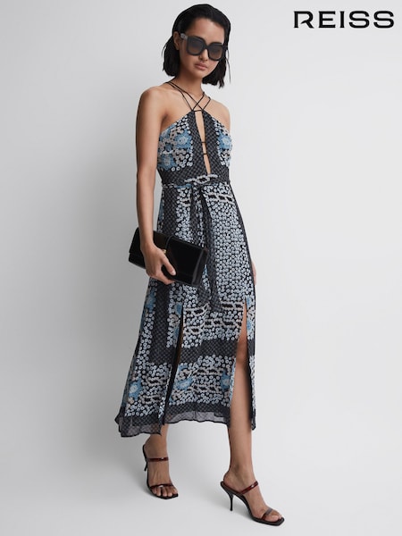 Reiss Navy/Blue Aliana Floral Print Fitted Midi Dress (D68980) | $411