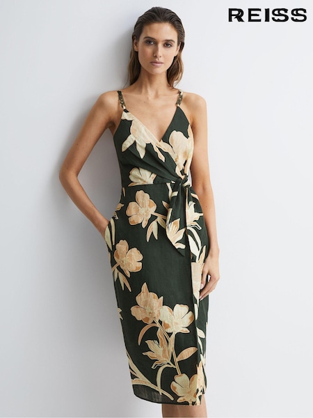 Reiss Khaki Alice Fitted Floral Print Midi Dress (D68983) | €240