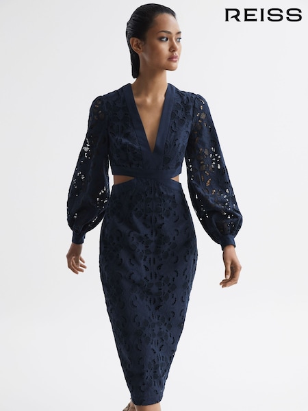Reiss Navy Zena Lace Cut-Out Midi Dress (D68984) | €230