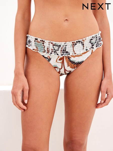 Ecru Cream/Brown Shirred High Leg Bikini Briefs (D69072) | €4.50