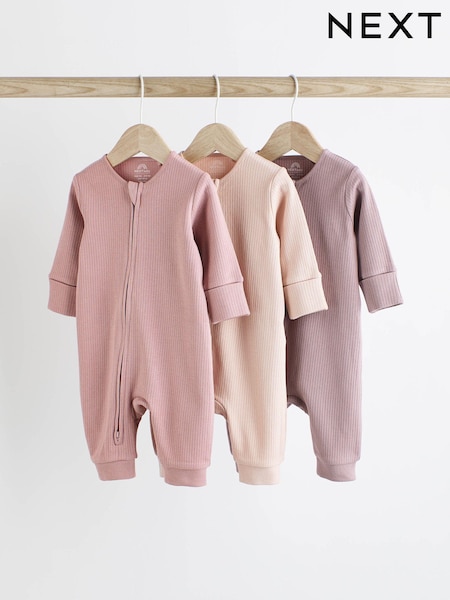 Pink 100% Cotton Two Way Zip Baby Sleepsuit 3 Pack (0mths-3yrs) (D69190) | €22 - €25