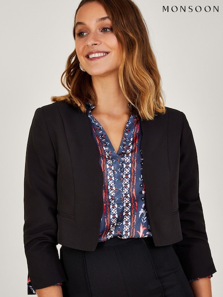 Monsoon Hortensia Black Scallop Crop Jacket with Recycled Polyester (D69466) | €56