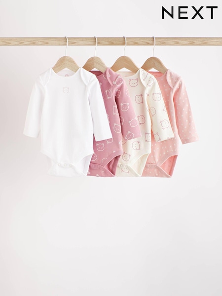 Rosa/Weiß/Bär - Baby 100% Cotton Long Sleeve Bodysuits 4 Pack (D70079) | 9 € - 11 €