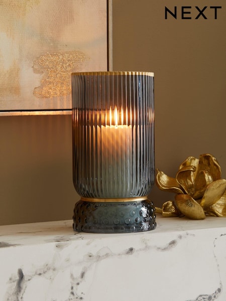 Blue Ribbed Glass Hurricane Candle Holder Medium (D70378) | €22
