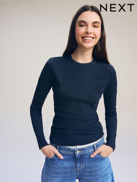 Navy Long Sleeve Ribbed Crew Neck Top (D70419) | 81 QAR