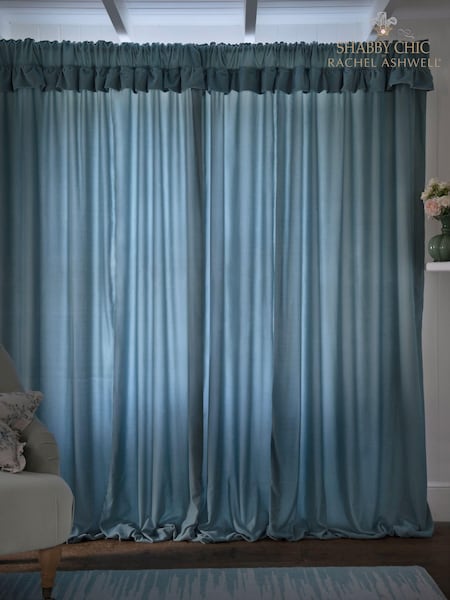 Shabby Chic by Rachel Ashwell® Aqua Blue Pencil Pleat Velvet Ruffle Lined Curtains (D70676) | €34 - €89