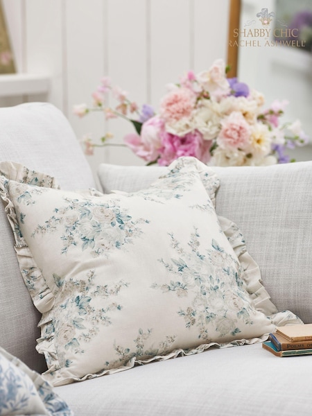 Shabby Chic by Rachel Ashwell® Rose Blossom Teal on Grain Cotton/Linen Mix Ruffle Cushion (D70732) | €47