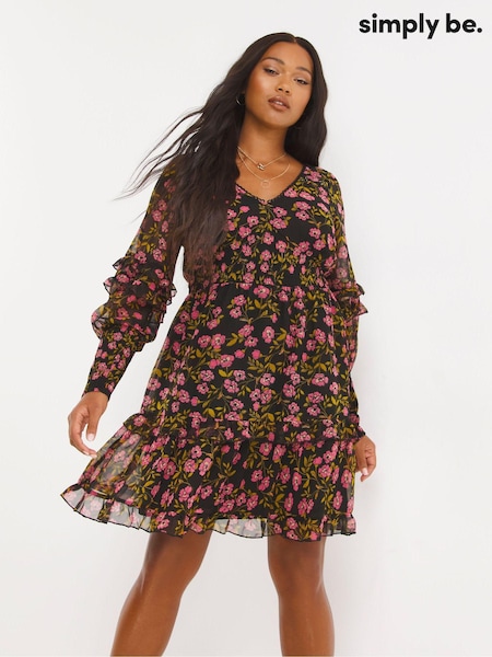 Simply Be Black Floral Shirred Cuff Skater Dress (D71071) | €26