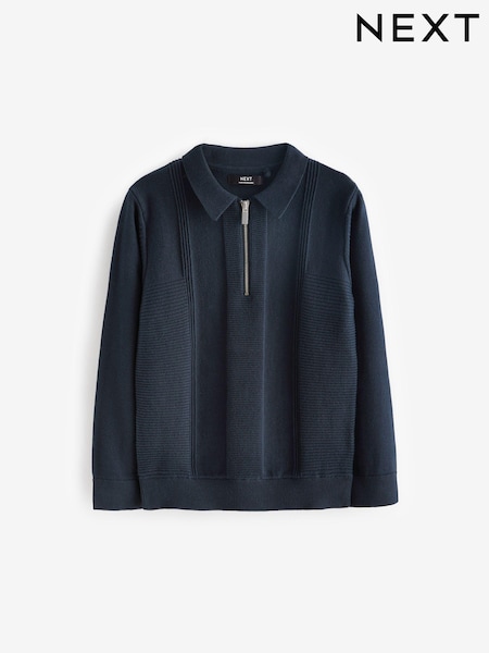 Mornarsko modra - Textured Knit Zip Neck Long Sleeve Polo Shirt (3-16yrs) (D71363) | € 12 - € 16