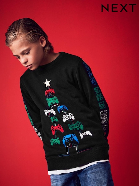 Black Gaming Tree Knitted Christmas Jumper (3-16yrs) (D71485) | €7.50 - €8.50