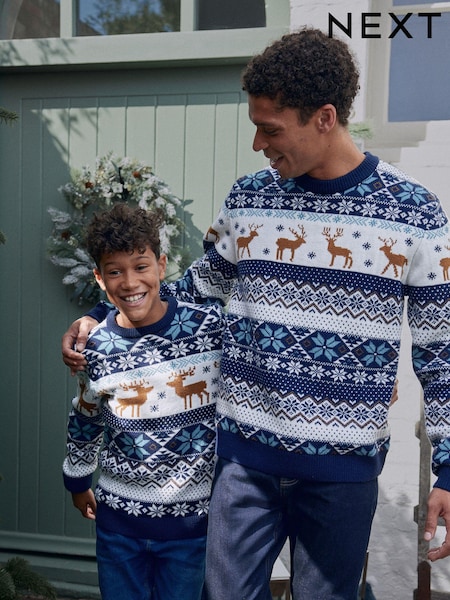 Navy Stag Matching Family Older Boys Wrap Knitted Christmas Jumper (3mths-16yrs) (D71490) | € 12 - € 18