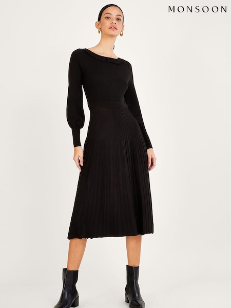 Monsoon Pleat Trim Black Midi Dress (D71597) | €47.50