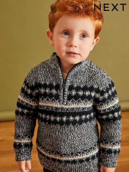 Monochrome Fairisle Pattern Knitted Zip Neck Jumper (3mths-7yrs) (D71646) | € 8 - € 9