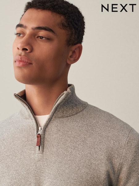 Light Grey/Neutral Plain Regular Fit 100% Cotton Premium Quarter Zip Jumper (D71791) | €12