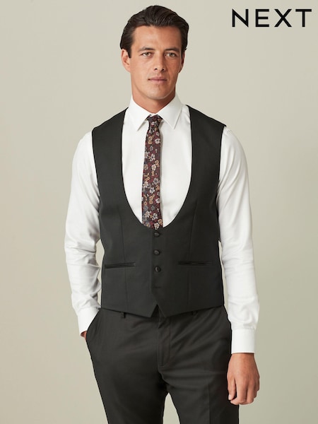 Black Regular Fit Wool Blend Shiny Tuxedo Waistcoat (D72251) | €23