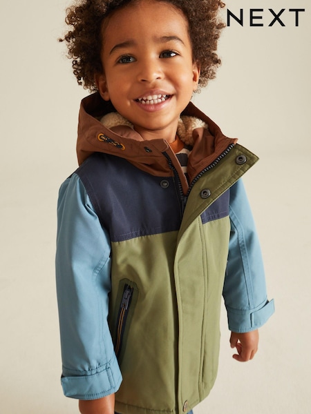 Khaki Green Colourblock Waterproof Teddy Borg Fleece Lined Coat (3mths-7yrs) (D72384) | €17.50 - €20