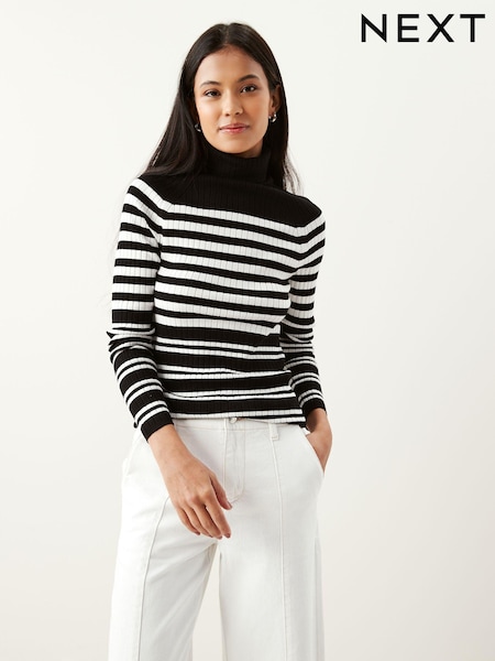 Black and White Stripe Ribbed Roll Neck Jumper (D72441) | €9