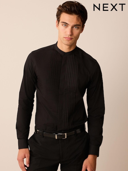 Black Grandad Collar Slim Fit Single Cuff Occasion Pleated Dress Shirt (D72874) | €6