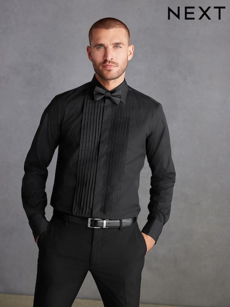 Black Pleated Double Cuff 100% Cotton Dress Shirt With Cutaway Collar (D72877) | AED92