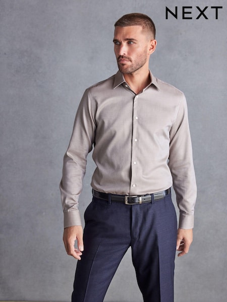 Neutral Brown Slim Fit Signature Textured Single Cuff Shirt With Trim Detail (D72885) | €19