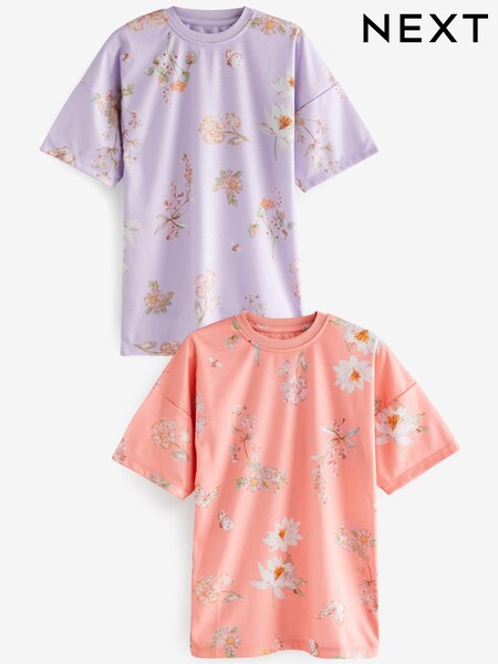 Coral Pink/Purple Floral Nighties 2 Pack (2-14yrs) (D73980) | €10 - €14