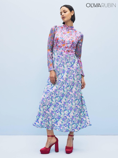 Olivia Rubin Blue Floral Priscilla High Neck Midi Dress (D74543) | €159