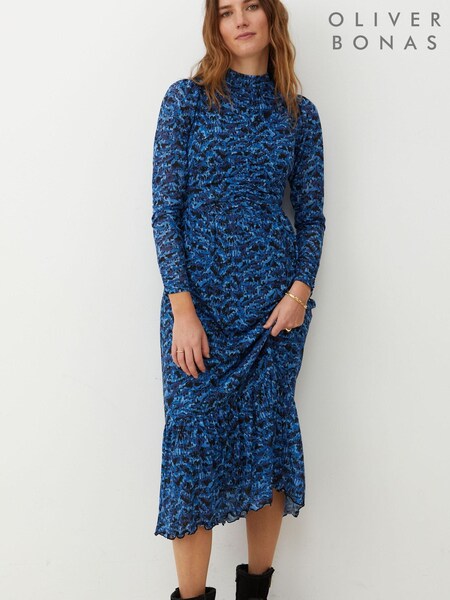 Oliver Bonas Blue Brush Mark Print Mesh Midi Dress (D75069) | €43