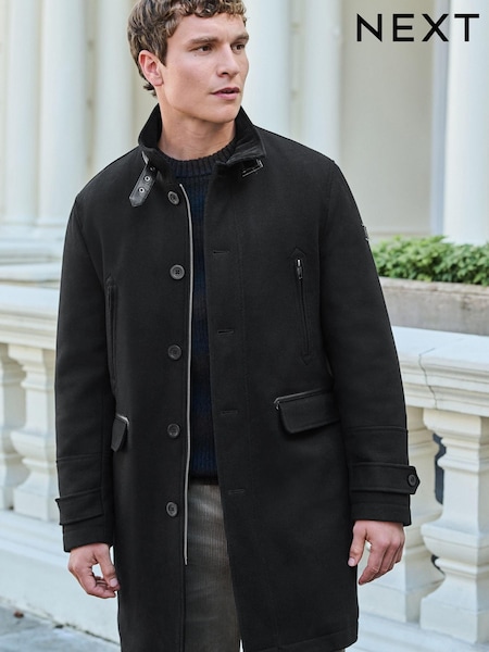 Black Wool Blend Four Pocket Funnel Neck Coat (D75330) | €26