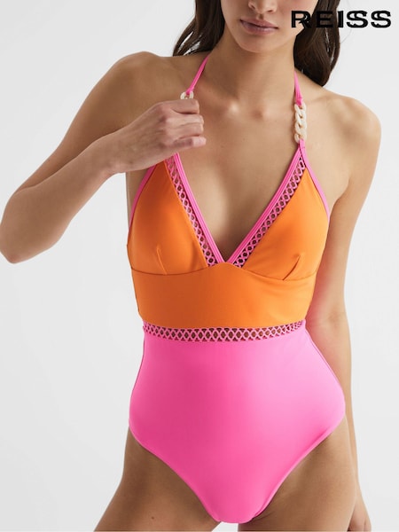 Reiss Orange/Pink Ray Colourblock Halter Swimsuit (D75727) | €70