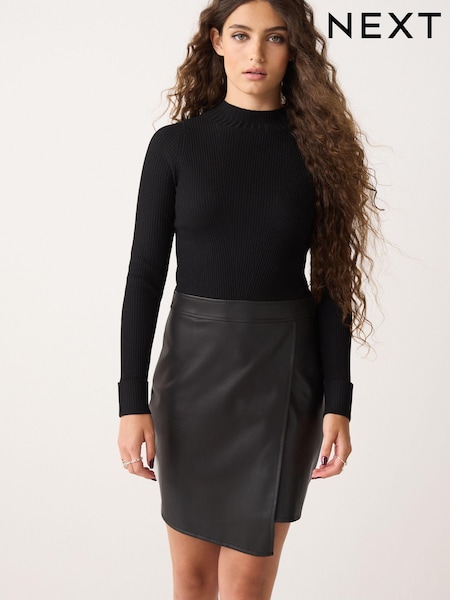 Black 2-in-1 Faux Leather PU Mix Mini Jumper Dress (D75737) | € 7