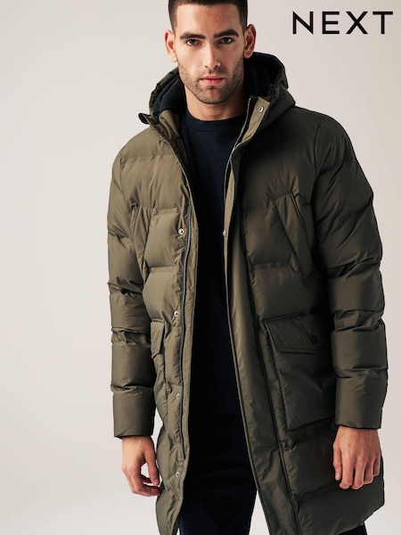 Khaki Green Long Shower Resistant Puffer Coat (D76015) | AED177