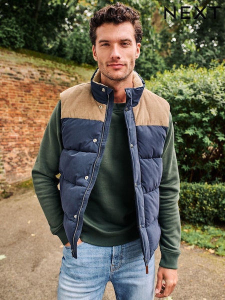 Navy Blue Borg Collared Corduroy Panel Gilet (D76021) | €13