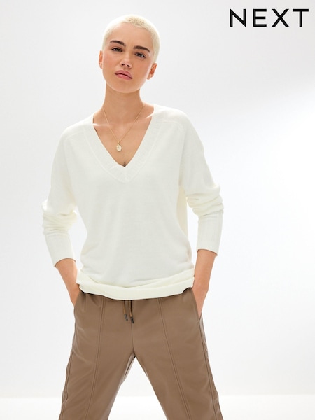 Ecru, Weiß - Cosy V-Neck Long Sleeve Longline Tunic Jumper (D76049) | 11 €