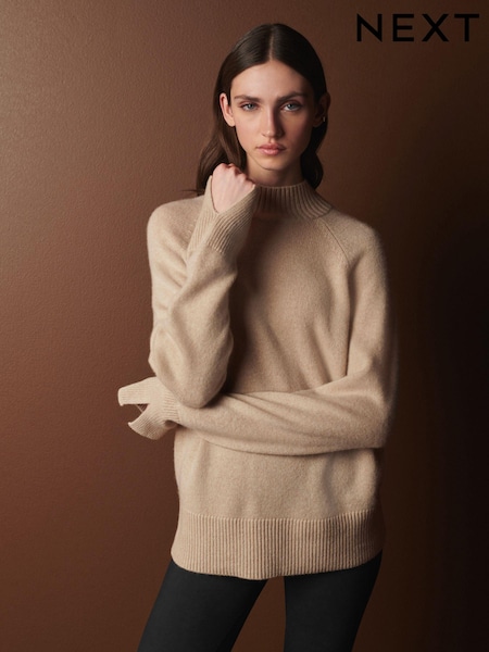 Camel Brown Premium Cashmere Soft Touch High Stand Neck Knitted Jumper (D76051) | AED581