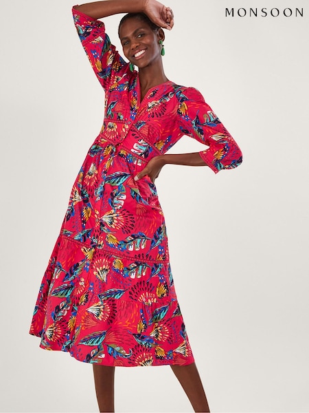 Monsoon Red Flavia Feather Print Midi Dress (D76159) | 54 €