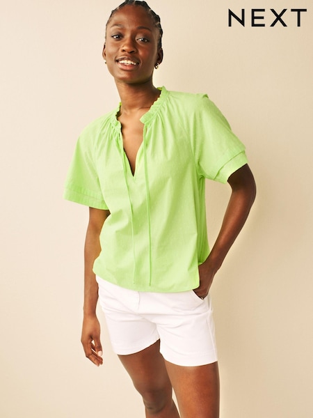 Grün - Textured Cotton Short Sleeve Tie Neck Blouse (D76287) | 7 €