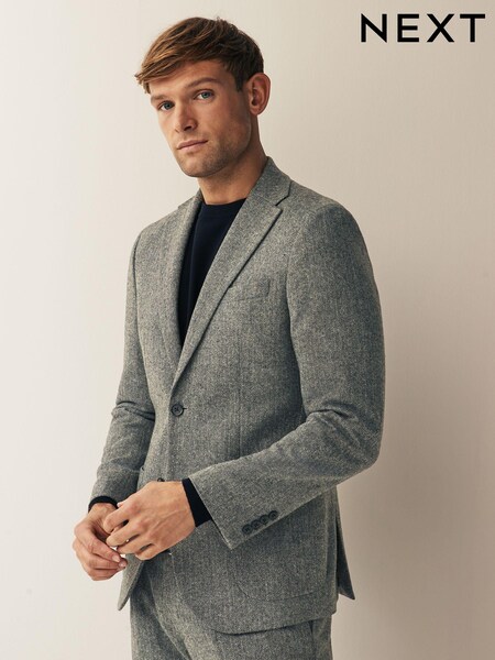 Серый - Стандартный крой - Slim Fit Nova Fides Wool Blend Herringbone Suit Jacket (D76725) | €13