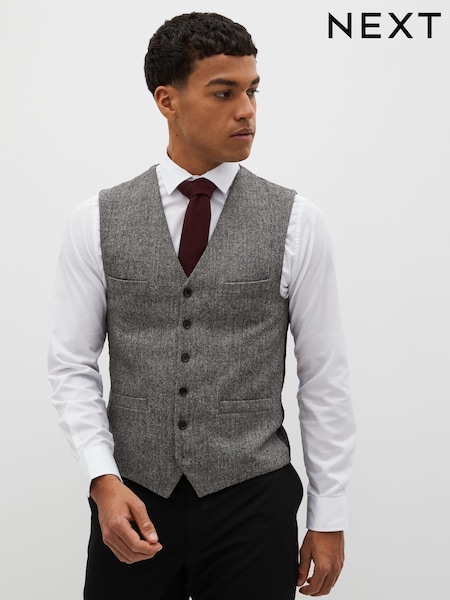 Grey Regular Fit Nova Fides Wool Blend Herringbone Waistcoat (D76727) | €6