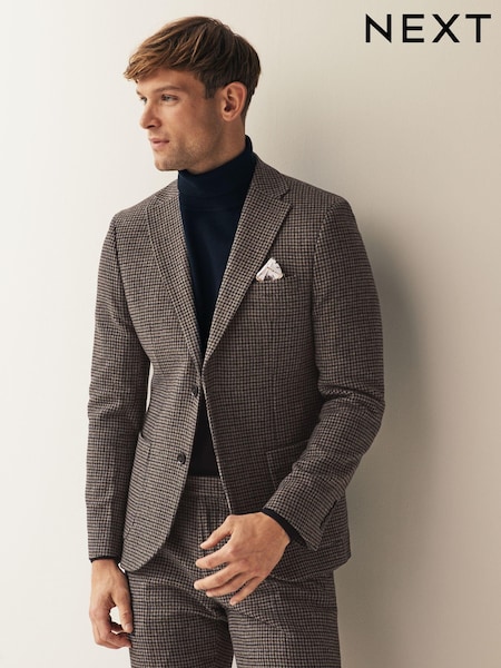 Brown Slim Wool Blend Puppytooth Suit Jacket (D76728) | €26 - €27