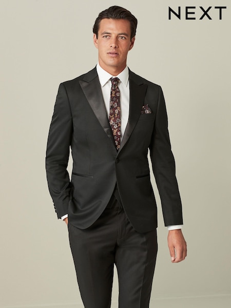 Black Tailored Fit Wool Blend Shiny Tuxedo Suit Jacket (D76760) | AED288