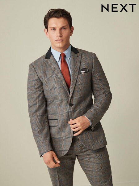 Grey Tailored Nova Fides Wool Trimmed Check Suit Jacket (D76765) | €12