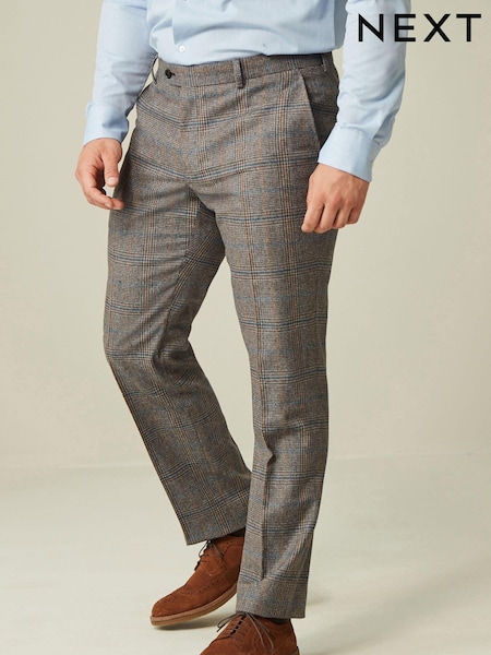 Grey Tailored Fit Nova Fides Wool Blend Trimmed Check Suit Trousers (D76766) | €13