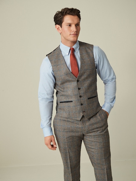 Grey Regular Fit Nova Fides Wool Blend Trimmed Check Suit Waistcoat (D76767) | €13