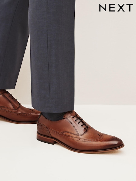Dark Tan Brown Leather Oxford Wing Cap Brogue Shoes (D77032) | 297 QAR