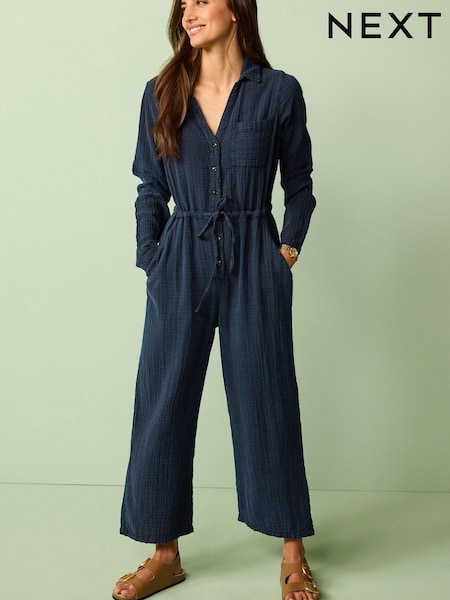 Navy Cotton Crinkle Cheescloth Crop Leg Jumpsuit (D77059) | €10