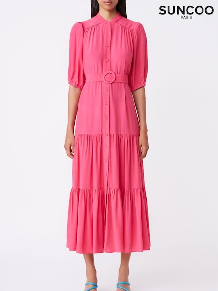 Suncoo Pink Maxi Shirt Belted Dress (D77906) | €129