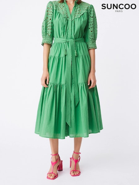 Suncoo Green Broderie Mid- Length Sleeves Dress (D77910) | €69